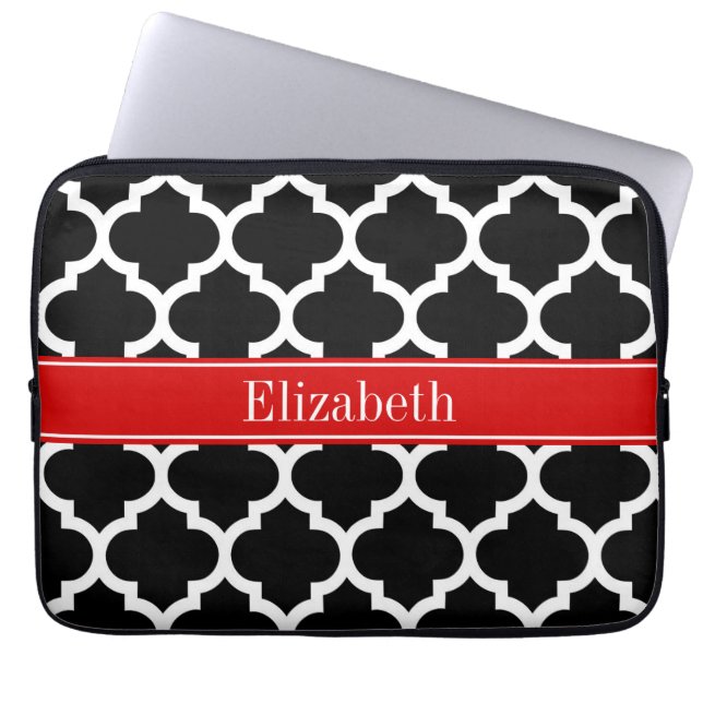 Housse Pour Ordinateur Portable Noir Blanc Marocain #5 Nom Rouge Monogramme (Devant)