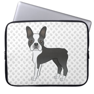 Housse Pour Ordinateur Portable Noir Et Blanc Boston Terrier Cartoon Chien & Pâtes