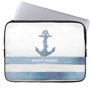 Housse Pour Ordinateur Portable Nom de bateau nautique, Ancre, Corde, Rayures bleu