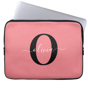 Housse Pour Ordinateur Portable Nom de script de monogramme personnalisé Noir Blan
