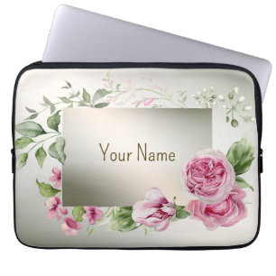 Housse Pour Ordinateur Portable Nom du monogramme Aquarelle rose Floral Frame Bron