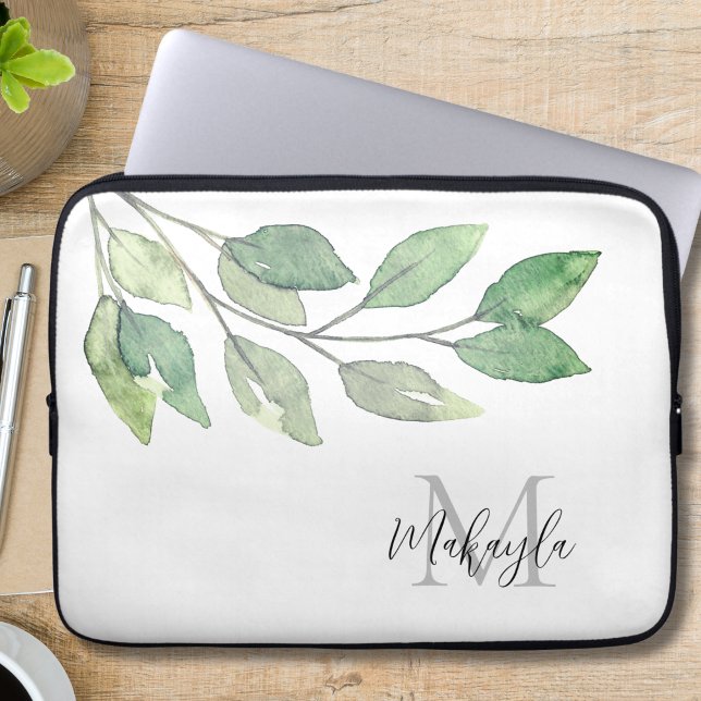 Housse Pour Ordinateur Portable Nom du monogramme Aquarelle Verdure (Créateur téléchargé)