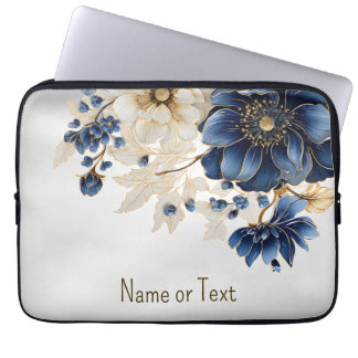Housse Pour Ordinateur Portable Nom du monogramme Marine Bleu Blanc Or Floral