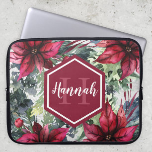 Housse Pour Ordinateur Portable Nom du monogramme personnalisé Poinsettia rouge