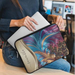 Housse Pour Ordinateur Portable Nom manuscrit Fractal Blue Gold moderne Coque-Mat