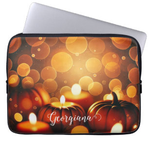 Housse Pour Ordinateur Portable Nom personnalisé Effet Bokeh automatique Citrouill