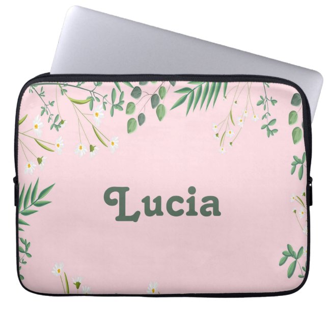 Housse Pour Ordinateur Portable Nom personnalisé feuilles verts sur rose (Devant)