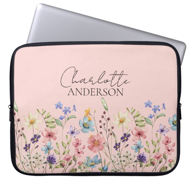 Housse Pour Ordinateur Portable Nom personnalisé fleur sauvage rose pâle (Devant)