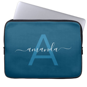 Housse Pour Ordinateur Portable Nom personnalisé simple et bleu monogramme personn
