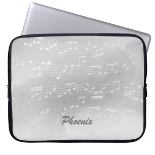Housse Pour Ordinateur Portable Notes de musique gris-blanc et monogramme personna