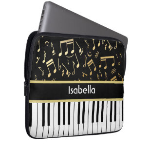 Housse Pour Ordinateur Portable Notes musicales et touches de piano Noir et Or