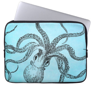 Housse Pour Ordinateur Portable Octopus vintage des années 1800 sur aquarelle bleu