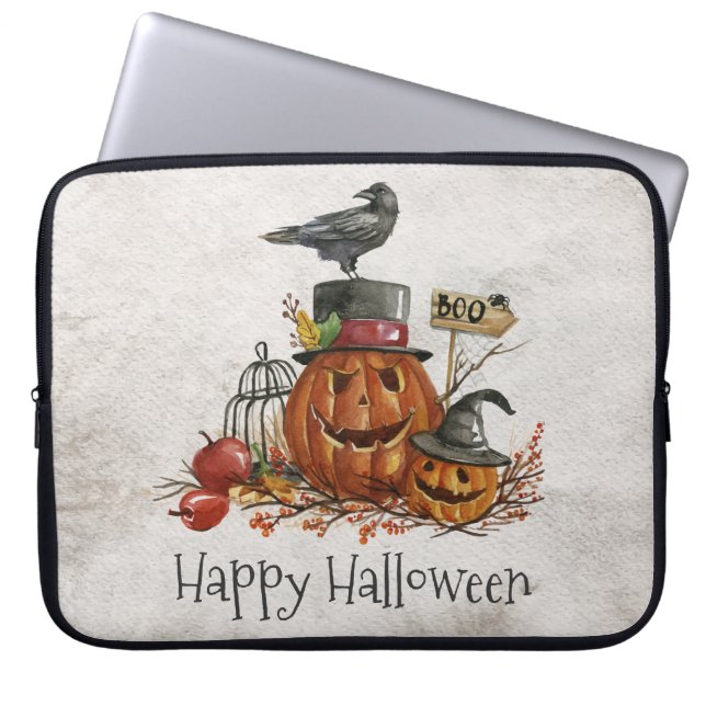 Housse Pour Ordinateur Portable Oiseau noir d'Halloween et tamis Citrouille (Devant)