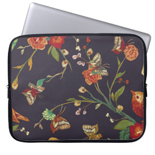 Housse Pour Ordinateur Portable Oiseau vintage, Papillon, Aquarelle de broderie.