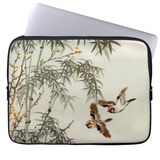 Housse Pour Ordinateur Portable Oiseaux Bambou Asiatique Japonais Vintage (Devant)