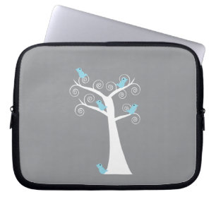 Housse Pour Ordinateur Portable Oiseaux bleus sur fond d'arbre blanc gris Nature