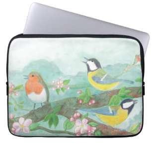 Housse Pour Ordinateur Portable Oiseaux chantant sur une branche d'arbre en fleurs