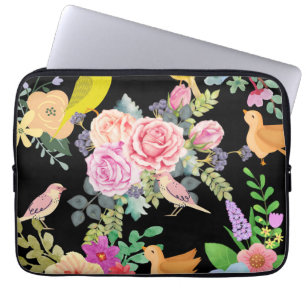 Housse Pour Ordinateur Portable Oiseaux et fleurs colorés et vibrants sur fond noi