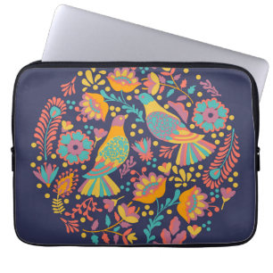 Housse Pour Ordinateur Portable Oiseaux et fleurs d'art populaire mexicain colorés
