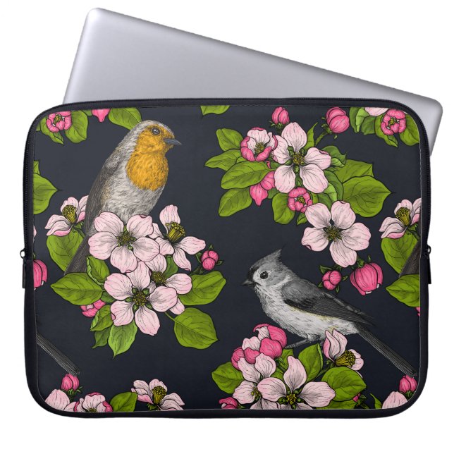 Housse Pour Ordinateur Portable Oiseaux et fleurs en noir (Devant)