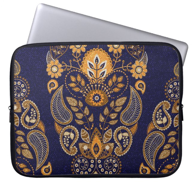 Housse Pour Ordinateur Portable Or et bleu, motif sans couture fleurie. (Devant)