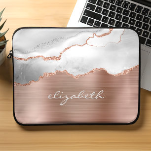 Housse Pour Ordinateur Portable Or Rose Gold Gris Blanc Agate Métallisé