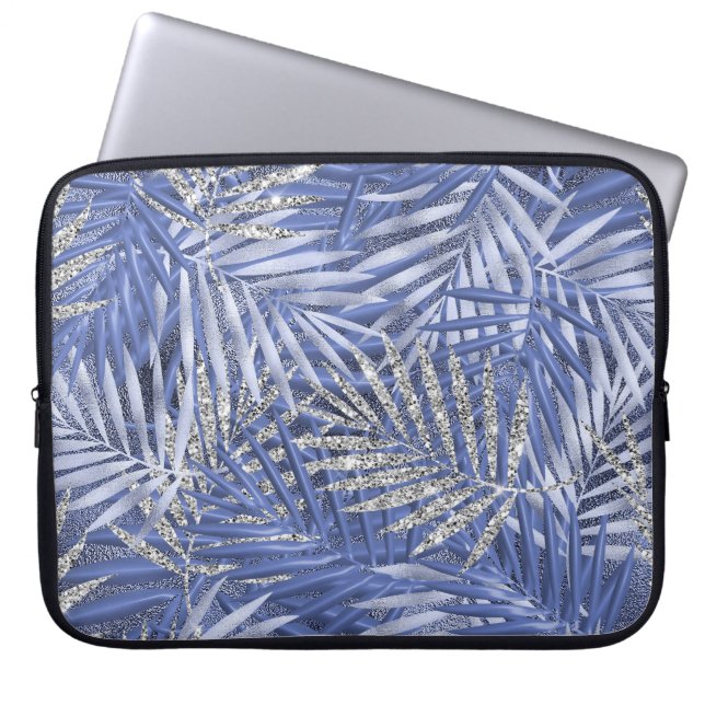 HOUSSE POUR ORDINATEUR PORTABLE PALMIERS TROPICAUX BLEU & ARGENT (Devant)