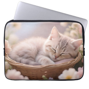 Housse Pour Ordinateur Portable Panier floral de chaton endormi rêveur