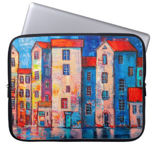 Housse Pour Ordinateur Portable Panorama de rue avec maisons colorées. Impression