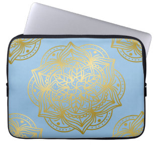 Housse Pour Ordinateur Portable Papier Motif Mandala bleu clair et or