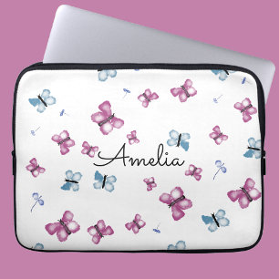 Housse Pour Ordinateur Portable Papillon bleu et rose à monogramme