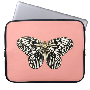 Housse Pour Ordinateur Portable Papillon noir et blanc, arrière - plan corail rose