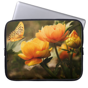 Housse Pour Ordinateur Portable Papillon orange et fleurs