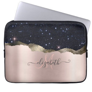 Housse Pour Ordinateur Portable Parties scintillant noire moderne Rose or Monogram
