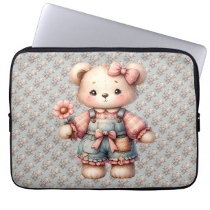Housse Pour Ordinateur Portable Pastel Teddy Bear Holding Flower Wear Overalls