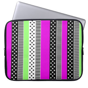 Housse Pour Ordinateur Portable Patchwork de rayures noir et blanc et néon