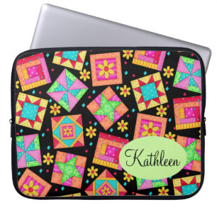 Housse Pour Ordinateur Portable Patchwork noir et coloré Quilt Block Art
