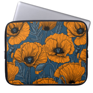 Housse Pour Ordinateur Portable Pavot orange sur bleu foncé