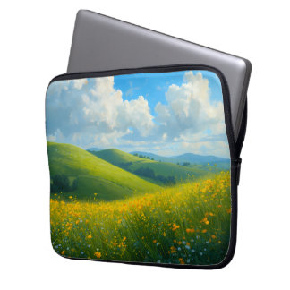 Housse Pour Ordinateur Portable Paysage de collines vertes vibrantes et de fleurs
