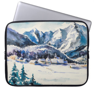 Housse Pour Ordinateur Portable Paysage d'hiver avec village de montagne couvert