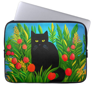 Housse Pour Ordinateur Portable Petit chat noir dans un jardin de tulipes