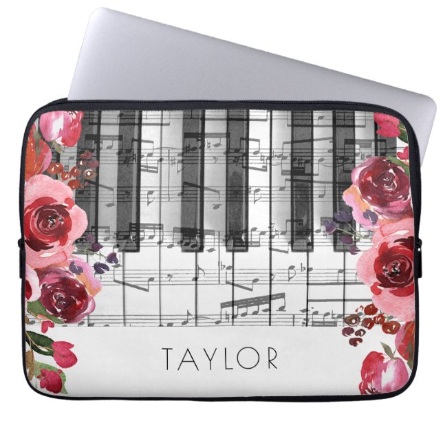 Housse Pour Ordinateur Portable Piano marsala rouge fleurs roses (Devant)