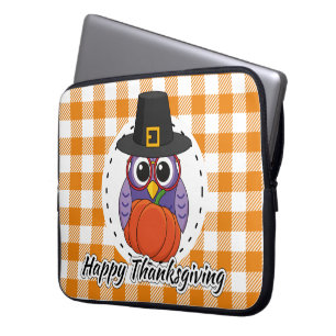 Housse Pour Ordinateur Portable Pilgrim owl on Orange Plaid - Happy Thanksgiving