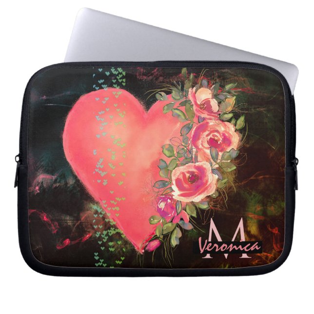 Housse Pour Ordinateur Portable Pink Heart floral Monogramme poche ordinateur port (Devant)