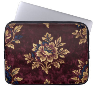 Housse Pour Ordinateur Portable Pivoine en velours bordeaux avec broderie florale 