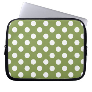 Housse Pour Ordinateur Portable Pois blancs sur vert olive