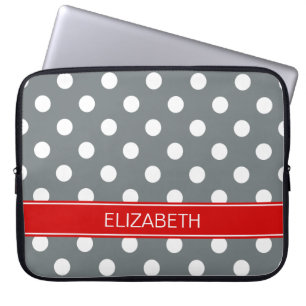 Housse Pour Ordinateur Portable Pois de Charcoal Whs #2 Nom rouge Monogramme