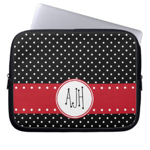 Housse Pour Ordinateur Portable Pois noirs et blancs, pointillés, Monogramme