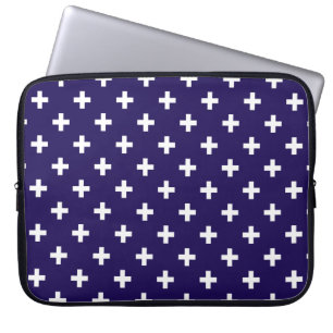 Housse Pour Ordinateur Portable Polka blanche croise sur bleu marine
