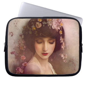 Housse Pour Ordinateur Portable Portrait de style vintage de la belle Florale femm